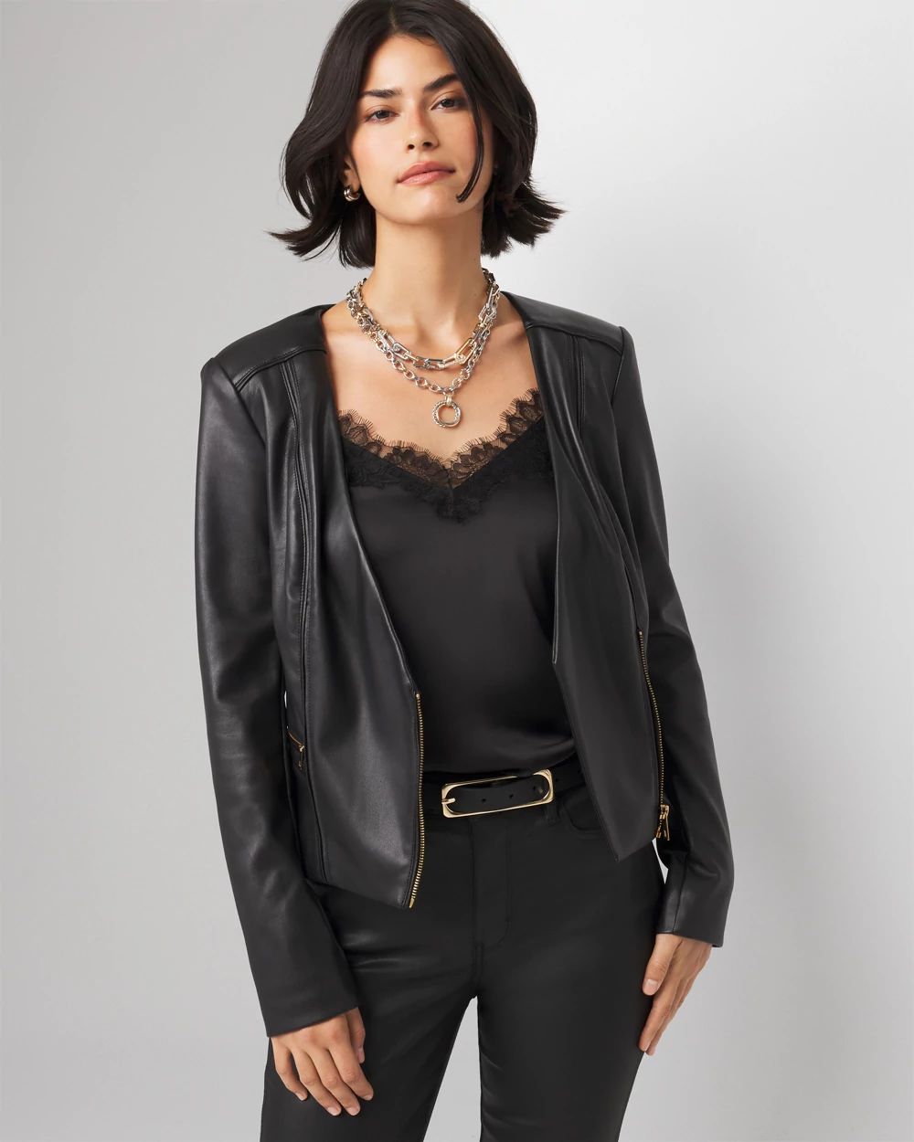 Women s Petite Faux Leather Moto Jacket in Black Size 10 White House Black Market Holiday Jackets